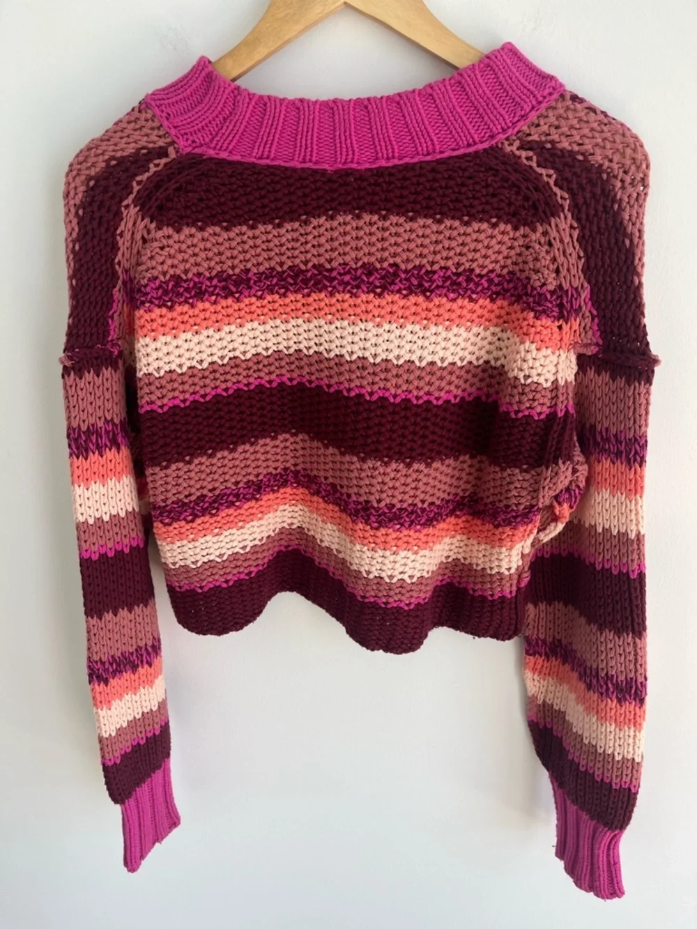 Free People Devon Stripe Crop Sweater Fuchsia Pink Chunky Knit, XS
